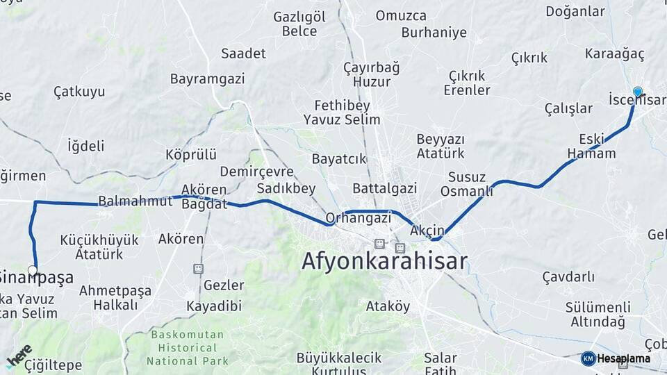 Afyonkarahisar İscehisar Sinanpaşa Arası Kaç Km - Yol Haritası