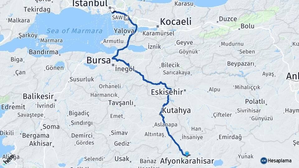 Afyonkarahisar Kadıköy İstanbul Arası Kaç Km - Yol Haritası