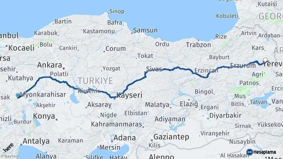 Afyonkarahisar Kağızman Kars Arası Kaç Km - Yol Haritası