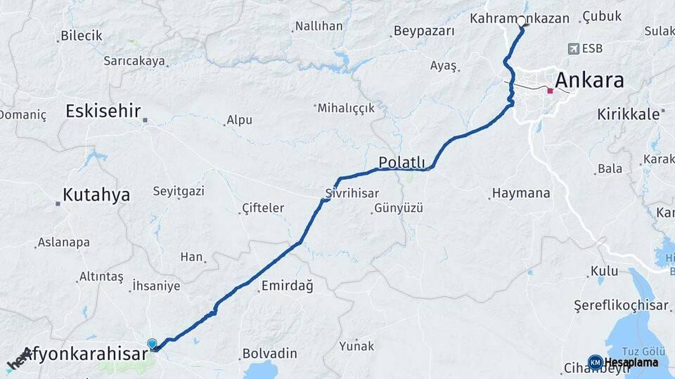 Afyonkarahisar Kahramankazan Ankara Arası Kaç Km - Yol Haritası