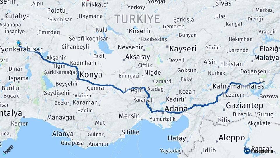 Afyonkarahisar Kahta Adıyaman Arası Kaç Km - Yol Haritası