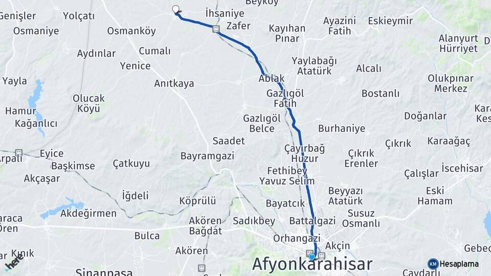 Afyonkarahisar Karacaahmet İhsaniye Arası Kaç Km - Yol Haritası