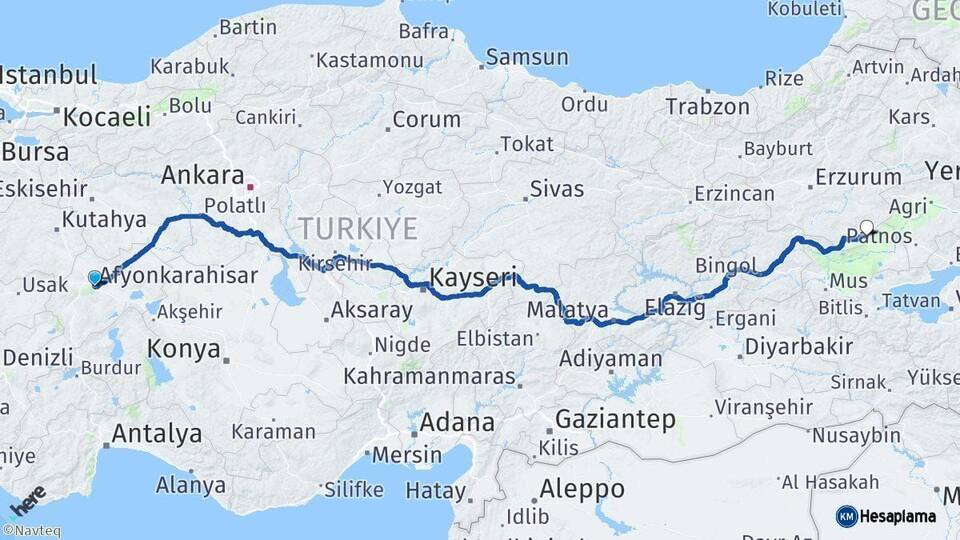 Afyonkarahisar Karaçoban Erzurum Arası Kaç Km - Yol Haritası
