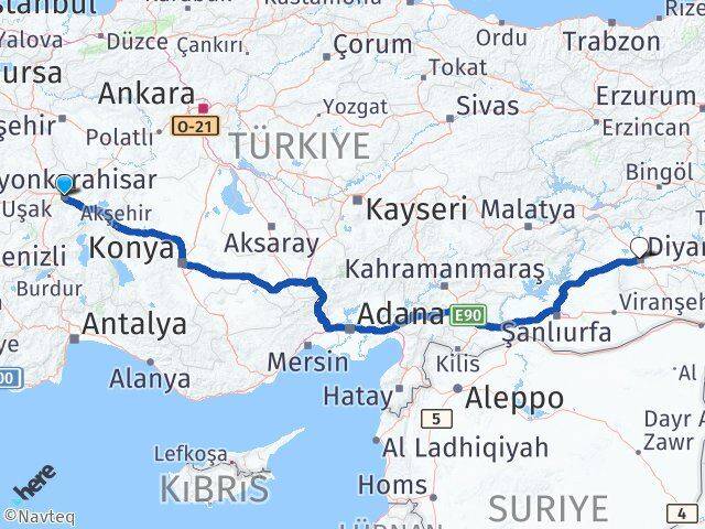 Afyonkarahisar Kayapınar Diyarbakır Arası Kaç Km - Yol Haritası