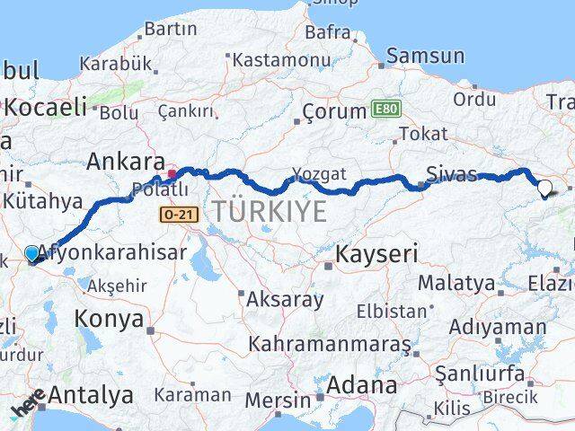 Afyonkarahisar Kemah Erzincan Arası Kaç Km - Yol Haritası