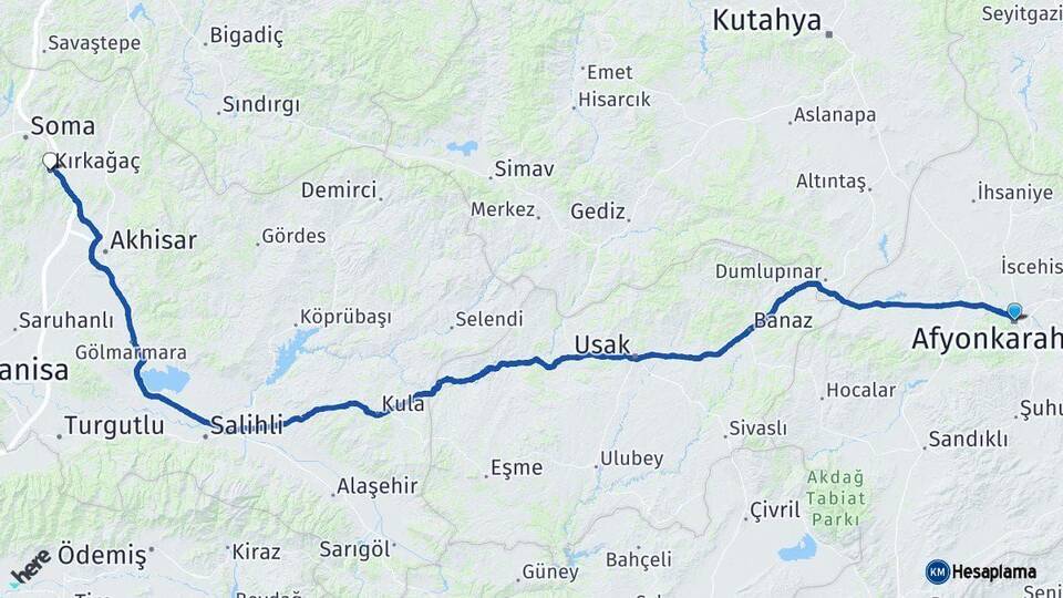Afyonkarahisar Kırkağaç Manisa Arası Kaç Km - Yol Haritası