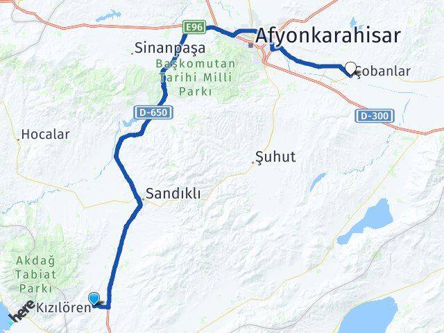 Afyonkarahisar Kızılören Çobanlar Arası Kaç Km - Yol Haritası