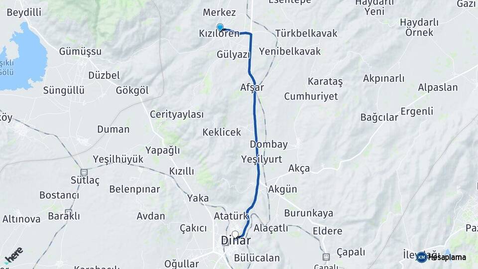 Afyonkarahisar Kızılören Dinar Arası Kaç Km - Yol Haritası