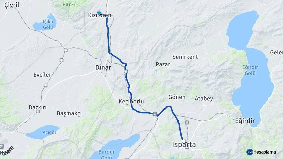 Afyonkarahisar Kızılören Isparta Arası Kaç Km - Yol Haritası