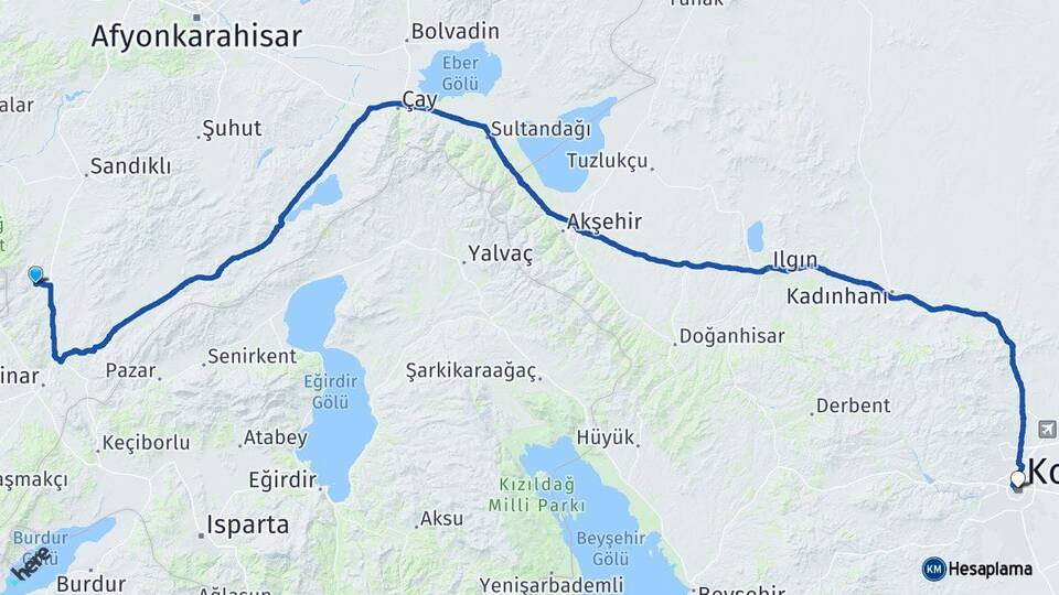 Afyonkarahisar Kızılören Konya Arası Kaç Km - Yol Haritası
