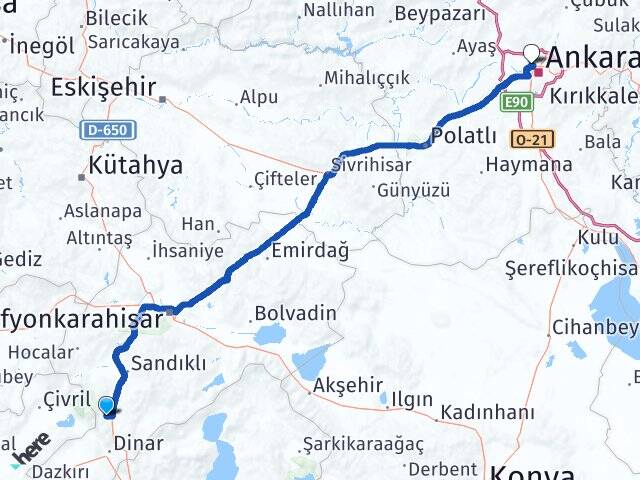 Afyonkarahisar Kızılören Yenimahalle Ankara Arası Kaç Km - Yol Haritası