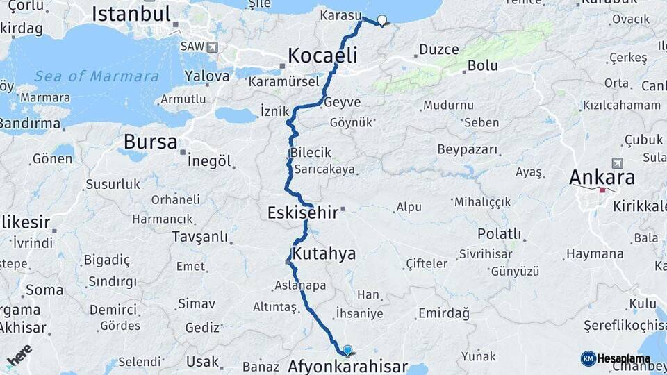 Afyonkarahisar Kocaali Sakarya Arası Kaç Km - Yol Haritası