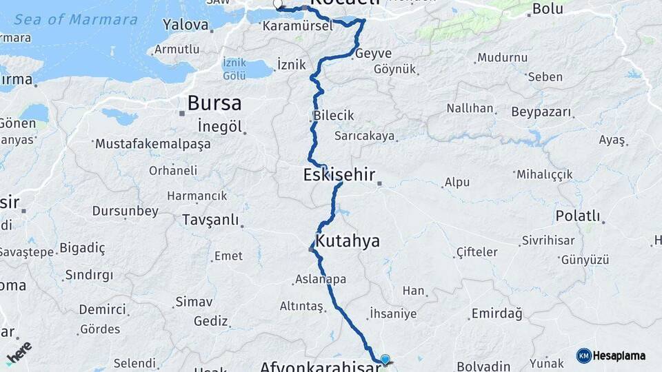 Afyonkarahisar Körfez Kocaeli Arası Kaç Km - Yol Haritası
