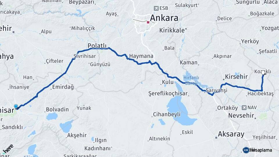Afyonkarahisar Kozaklı Nevşehir Arası Kaç Km - Yol Haritası