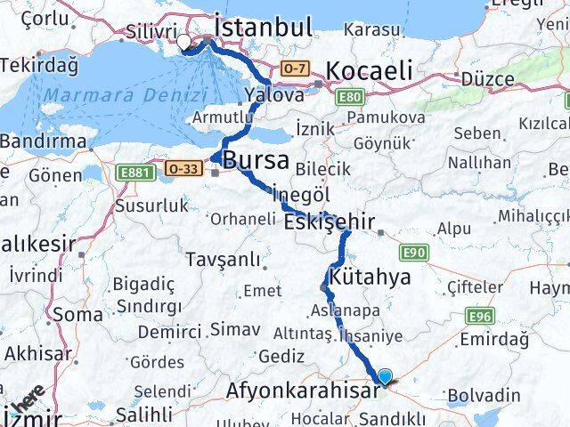 Afyonkarahisar Küçükçekmece İstanbul Arası Kaç Km - Yol Haritası