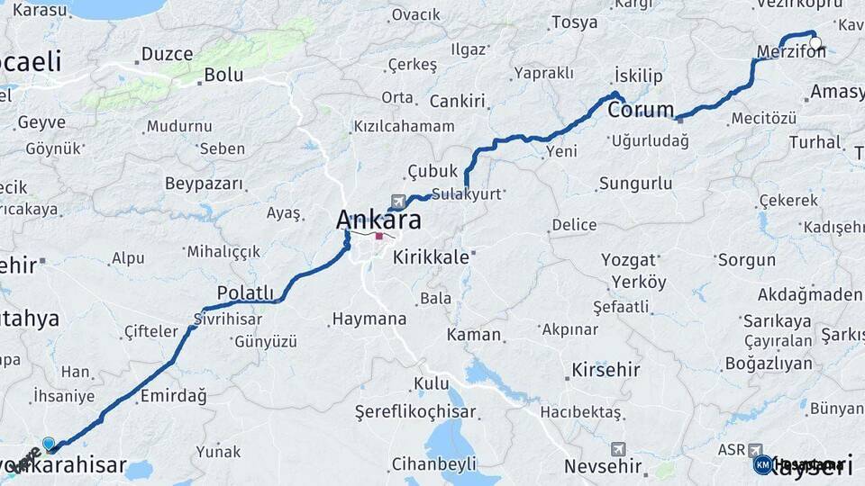Afyonkarahisar Ladik Samsun Arası Kaç Km - Yol Haritası