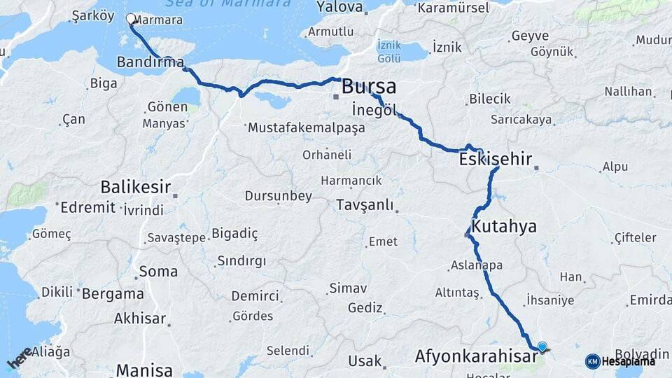 Afyonkarahisar Marmara Balıkesir Arası Kaç Km - Yol Haritası