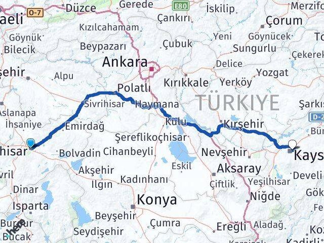 Afyonkarahisar Melikgazi Kayseri Arası Kaç Km - Yol Haritası