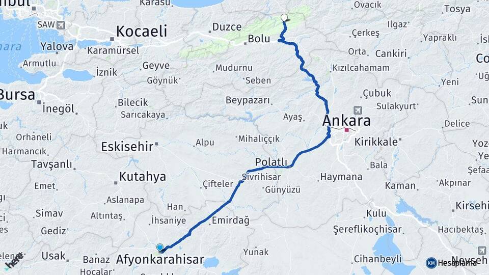 Afyonkarahisar Mengen Bolu Arası Kaç Km - Yol Haritası