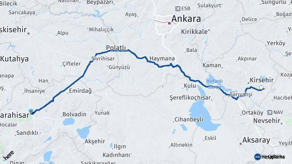Afyonkarahisar Mucur Kırşehir Arası Kaç Km - Yol Haritası