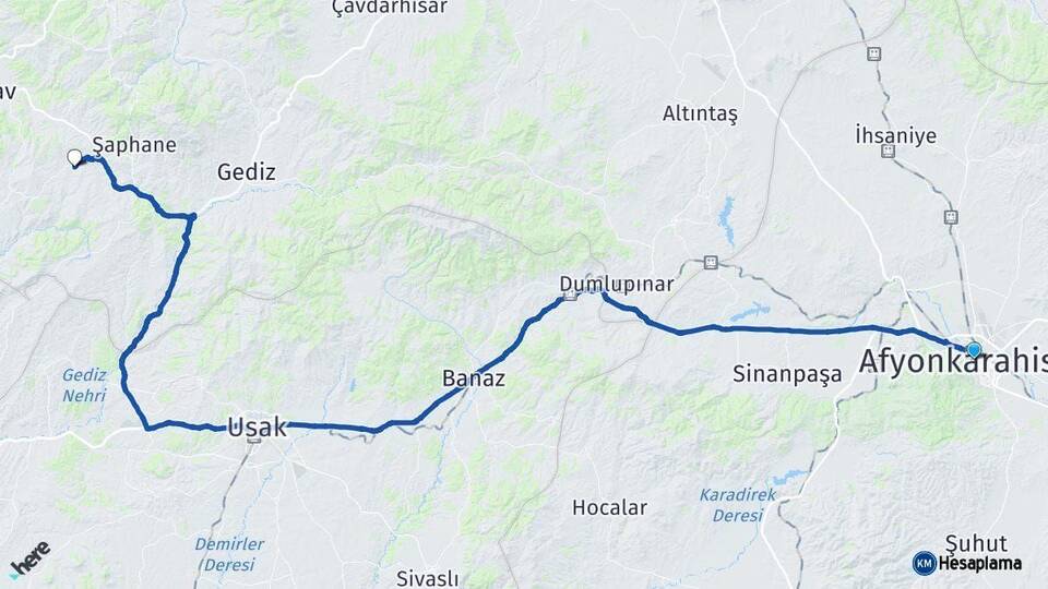 Afyonkarahisar Pazarlar Kütahya Arası Kaç Km - Yol Haritası
