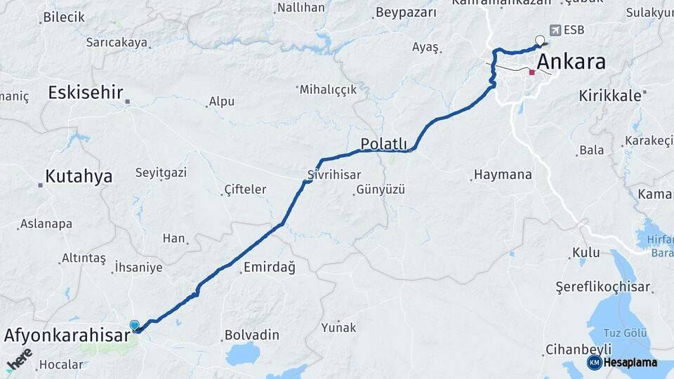 Afyonkarahisar Pursaklar Ankara Arası Kaç Km - Yol Haritası