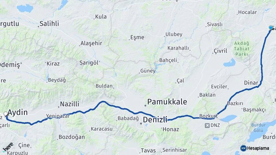 Afyonkarahisar Sandıklı Aydın Arası Kaç Km - Yol Haritası