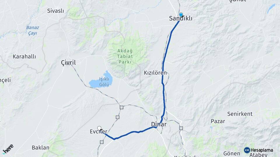 Afyonkarahisar Sandıklı Evciler Arası Kaç Km - Yol Haritası