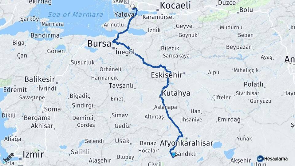 Afyonkarahisar Sandıklı Gebze Kocaeli Arası Kaç Km - Yol Haritası