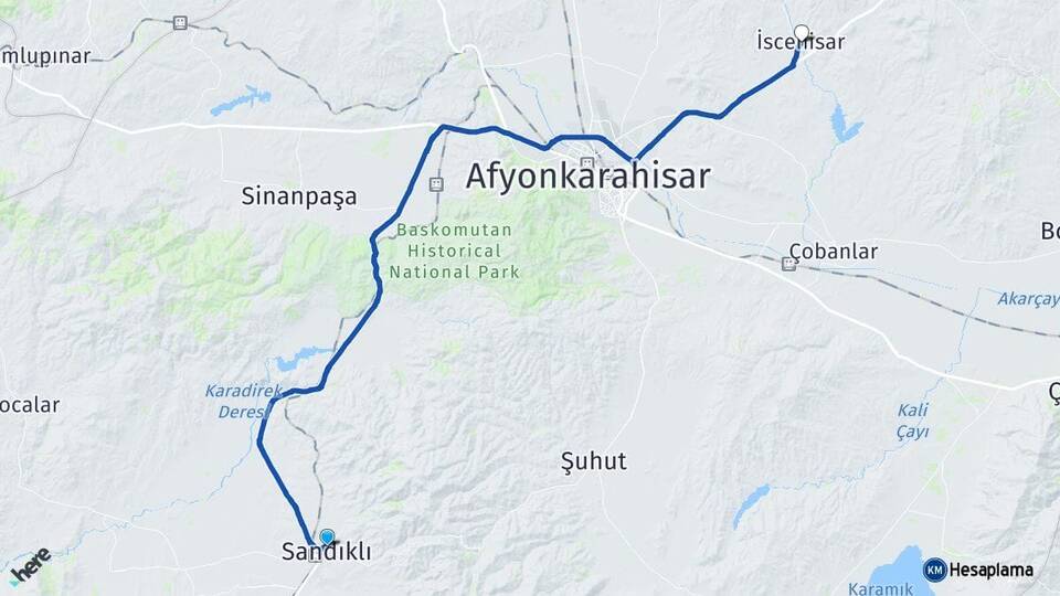 Afyonkarahisar Sandıklı İscehisar Arası Kaç Km - Yol Haritası