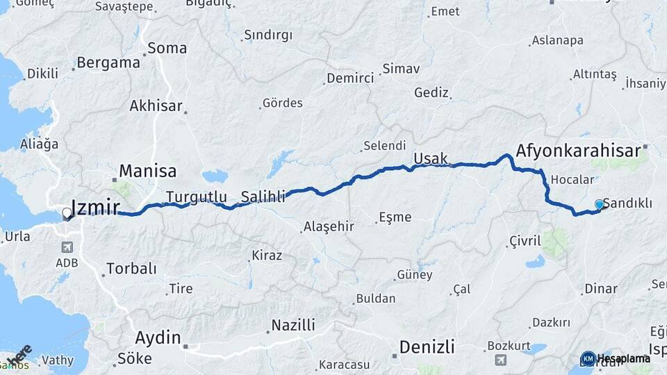 Afyonkarahisar Sandıklı İzmir Arası Kaç Km - Yol Haritası