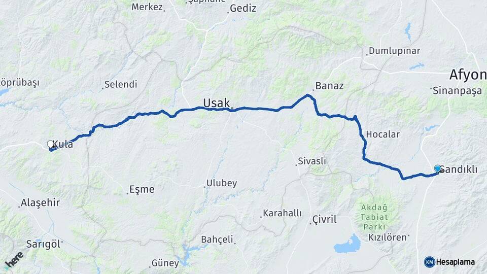 Afyonkarahisar Sandıklı Kula Manisa Arası Kaç Km - Yol Haritası