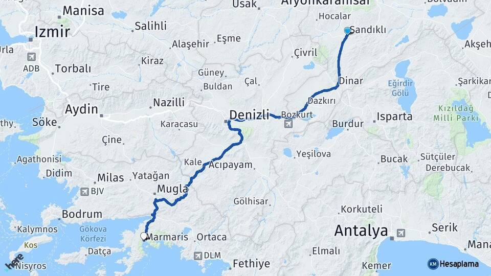 Afyonkarahisar Sandıklı Marmaris Muğla Arası Kaç Km - Yol Haritası