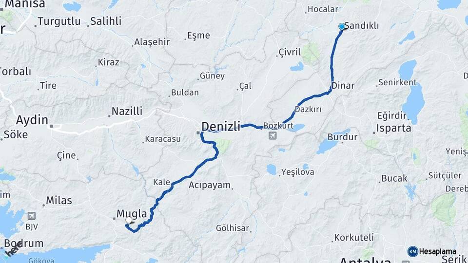 Afyonkarahisar Sandıklı Muğla Arası Kaç Km - Yol Haritası