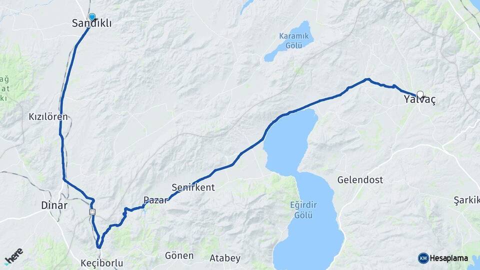Afyonkarahisar Sandıklı Yalvaç Isparta Arası Kaç Km - Yol Haritası
