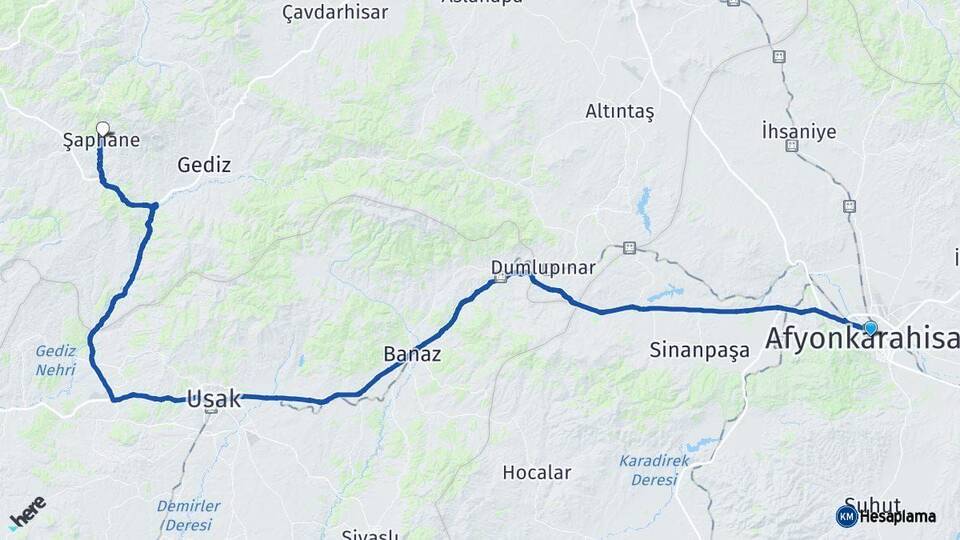 Afyonkarahisar Şaphane Kütahya Arası Kaç Km - Yol Haritası