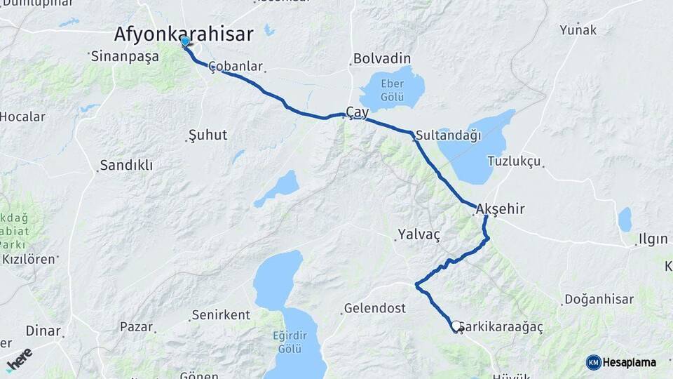 Afyonkarahisar Şarkikaraağaç Isparta Arası Kaç Km - Yol Haritası
