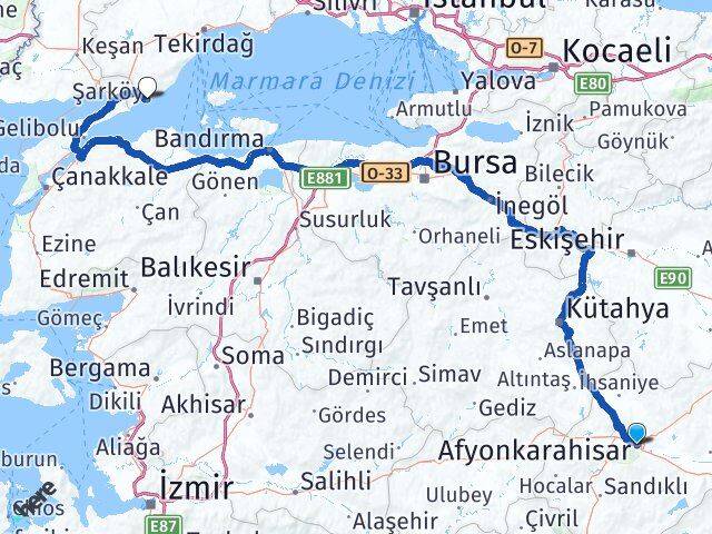 Afyonkarahisar Şarköy Tekirdağ Arası Kaç Km - Yol Haritası