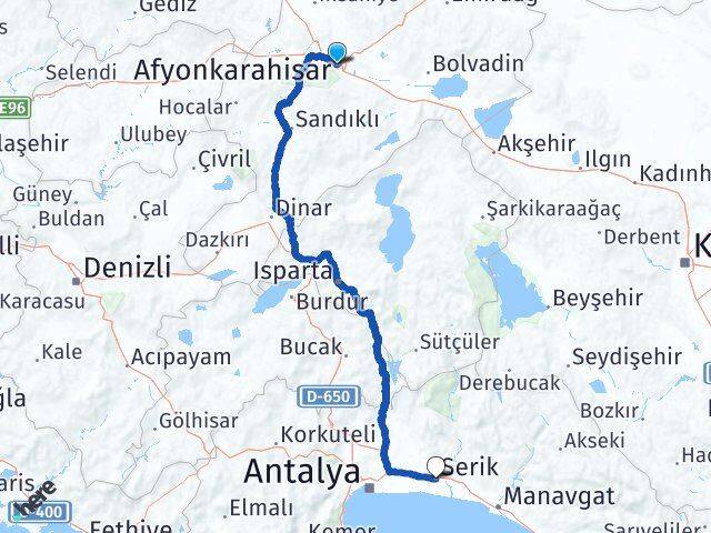 Afyonkarahisar Serik Antalya Arası Kaç Km - Yol Haritası
