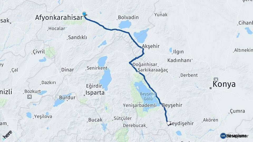 Afyonkarahisar Seydişehir Konya Arası Kaç Km - Yol Haritası