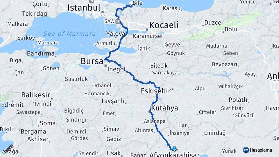 Afyonkarahisar Şile İstanbul Arası Kaç Km - Yol Haritası