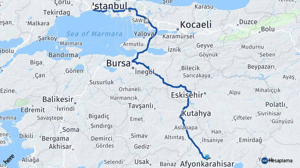 Afyonkarahisar Silivri İstanbul Arası Kaç Km - Yol Haritası