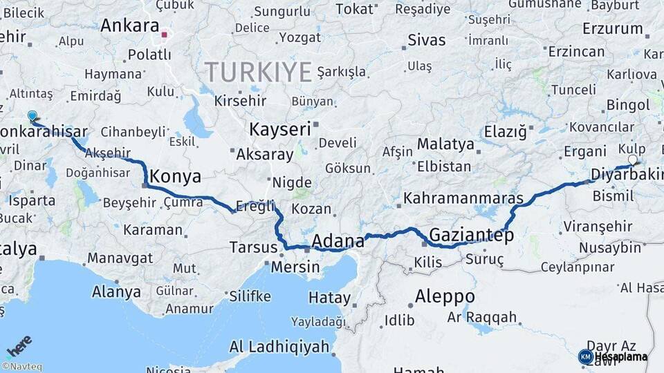 Afyonkarahisar Silvan Diyarbakır Arası Kaç Km - Yol Haritası