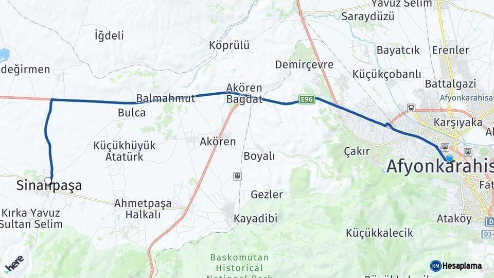Afyonkarahisar Sinanpaşa Arası Kaç Km - Yol Haritası