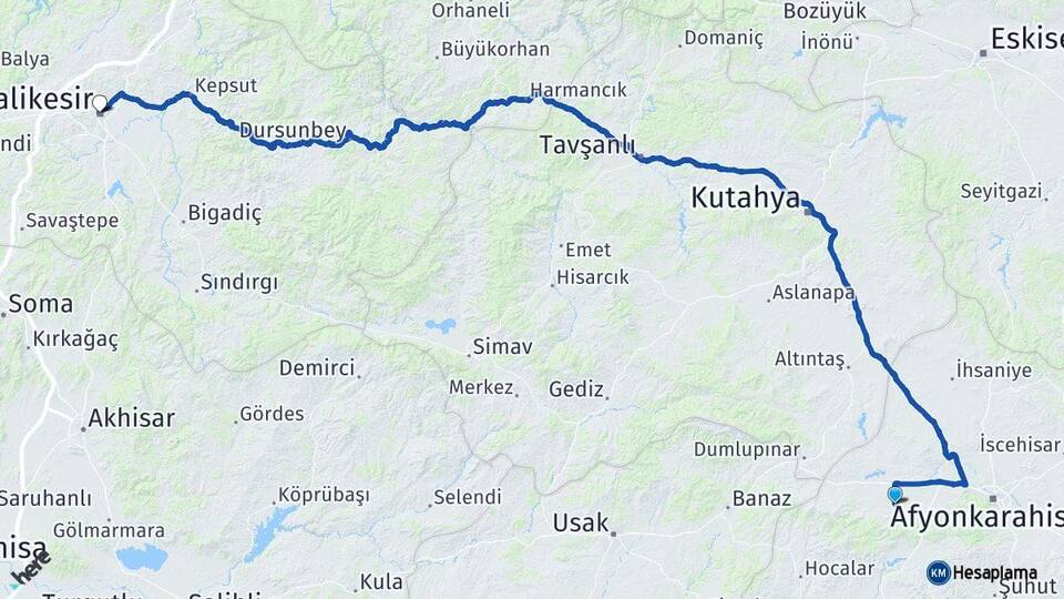 Afyonkarahisar Sinanpaşa Balıkesir Arası Kaç Km - Yol Haritası