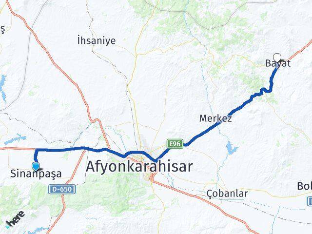 Afyonkarahisar Sinanpaşa Bayat Arası Kaç Km - Yol Haritası