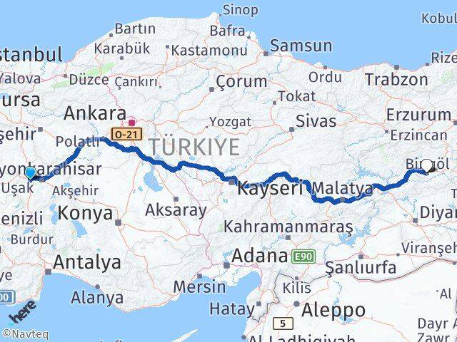 Afyonkarahisar Sinanpaşa Bingöl Arası Kaç Km - Yol Haritası