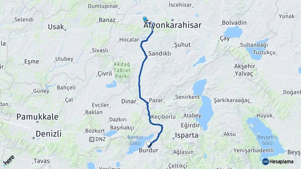Afyonkarahisar Sinanpaşa Burdur Arası Kaç Km - Yol Haritası