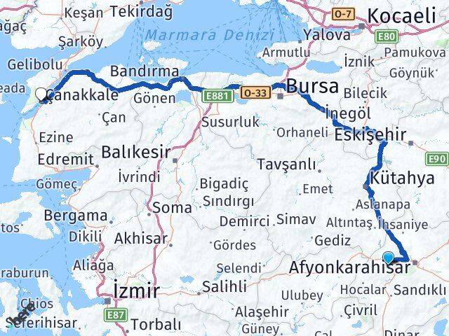 Afyonkarahisar Sinanpaşa Çanakkale Arası Kaç Km - Yol Haritası