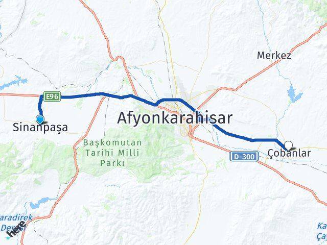 Afyonkarahisar Sinanpaşa Çobanlar Arası Kaç Km - Yol Haritası